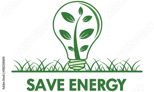 Save Energy Eco Poster Vector – Green Light Bulb with Leaves .