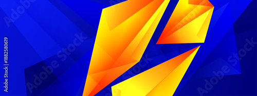 Bold 3D golden crystalline shards floating against a dark blue layered triangular backdrop with high contrast lighting