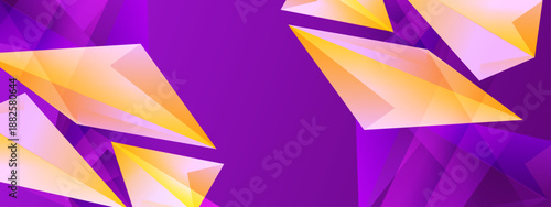 Energetic yellow and orange triangular prisms floating over a rich purple and violet layered abstract environment