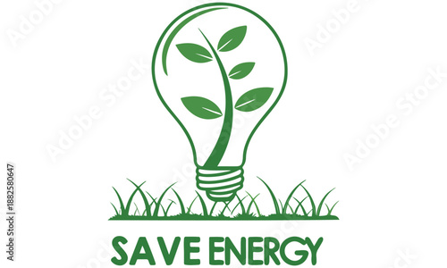 Save Energy Eco Poster Vector – Green Light Bulb with Leaves .