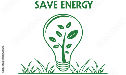 Save Energy Eco Poster Vector – Green Light Bulb with Leaves .