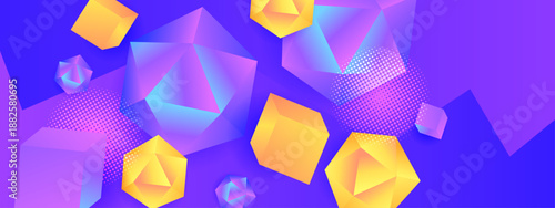 Multi-faceted 3D blocks and polyhedrons in yellow and blue gradients floating with dot halftone textures on a violet base