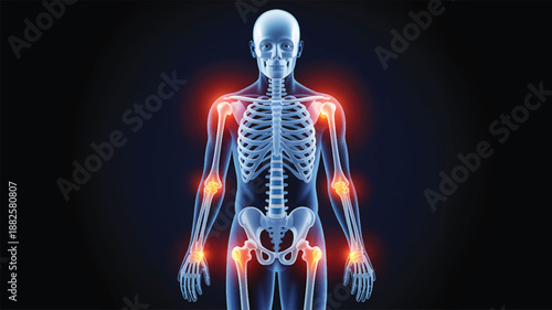 Medical graphic Human skeleton with glowing red joints illustrating pain and inflammation. Ideal for understanding conditions like arthritis and musculoskeletal discomfort