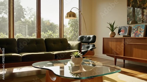 Stylish Living Room with Mid-Century Modern Furniture and Large Windows.