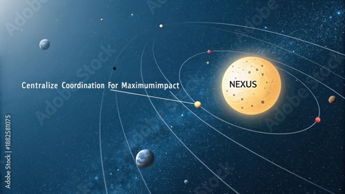 A celestial nexus illustration with glowing orbs orbiting a central sun, representing cosmic exploration and discovery.