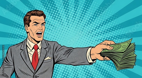 Man in gray suit holding cash, smiling, comic style illustration, vibrant background, pop art