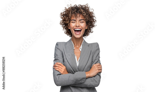 Joyful business woman laughing with her arms crossed, happy expression, isolated on transparent background
