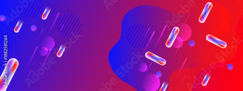 Bold two tone red and blue gradient with organic fluid shapes and flying capsule elements for modern design