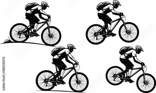 Mountain, biking, silhouette, cyclist, riding, bicycle, downhill, action, sport, adventure, outdoor, cycling, illustration, black, white, athlete, trail, extreme, fitness, motion