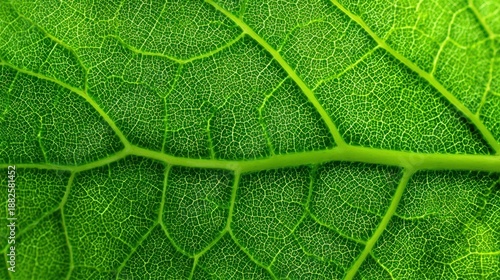 Extreme close-up of a vibrant green leaf, highlighting its intricate vein structure and cellular texture