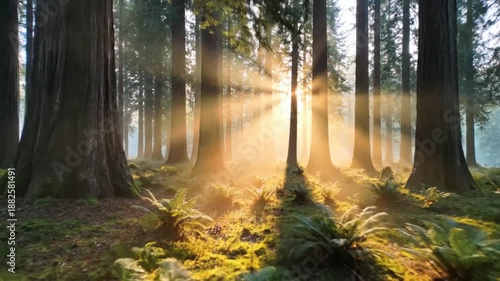 Sunlight streams through the trees in a lush, green forest, creating a beautiful scene.