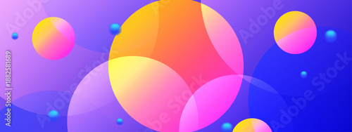 High energy blue and purple backdrop with layered colorful circles and small glowing blue orb accents