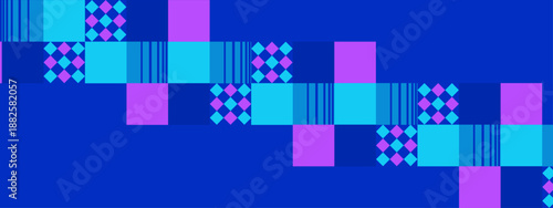 Modern geometric composition featuring blue and cyan squares with checkered and striped patterns for creative digital design