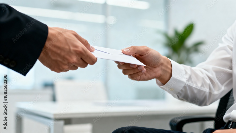 Fototapeta premium Close-up of hands exchanging white envelope, symbolizing business communication trust and professional correspondence in modern office setting