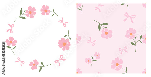 Cute floral illustration set with pink flowers and ribbon elements, featuring a decorative wreath and seamless pattern in soft pastel tones for stationery, fabric prints, and romantic backgrounds.