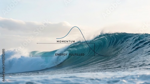 A powerful ocean wave cresting and breaking, overlaid with a graph representing momentum and energy fulfillment.