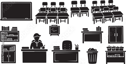 Classroom Setting with Teacher and Student Furniture Icons Black