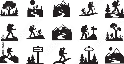 Hiking Silhouette Icons for Travel and Adventure Concepts