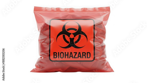 red biohazard bag with black symbol and text