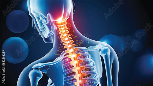 Medical illustration of the human cervical spine showing inflammation and pain