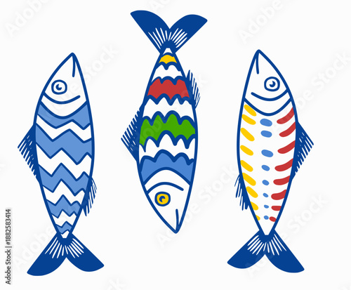 Colorful Painted Sardines with Unique Patterns in Tattoo Art Style