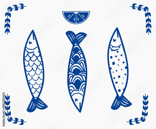 Patterned Sardines with Botanical Branches in Folk Engraving Style