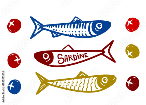 Bold Sardine Illustration Set with Typography in Vintage Tattoo Style