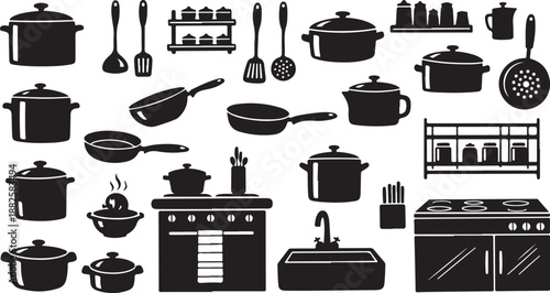 Kitchen Utensils and Cookware in Black and White Vector