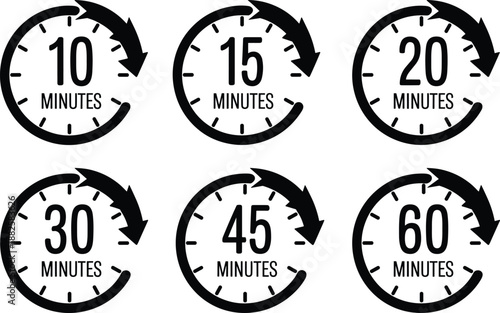 Set of Black Minute Timer Icons Featuring Ten Fifteen Twenty Thirty Forty Five and Sixty Minutes for Time Management Concepts