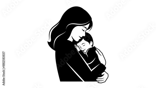 Silhouette of a loving mother embracing her sleeping baby with tenderness.