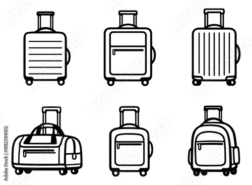 Line art luggage set featuring various rolling suitcases and travel bags for travel and tourism concepts