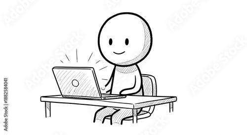 Simple stick figure working happily on a laptop at a desk.