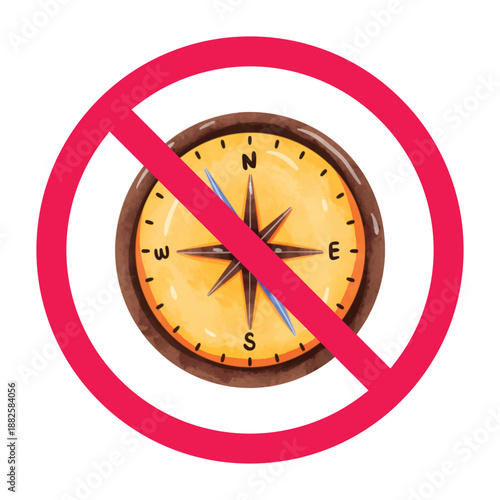 No compass sign, forbidden compass sign, do not use compass symbol, no navigation tool sign, vector illustration