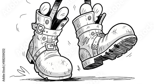 Illustration of a pair of worn-out boots in action.