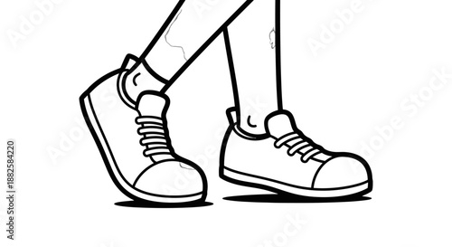 Black and white illustration of a person's feet wearing sneakers.