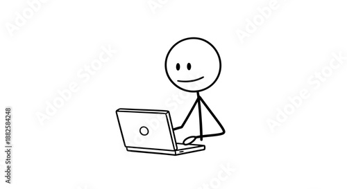 Simple stick figure using laptop computer with a smile.