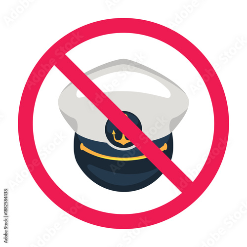 No skipper sign, no marine sign, forbidden sign with captain hat skipper icon, no ship captain symbol, vector illustration
