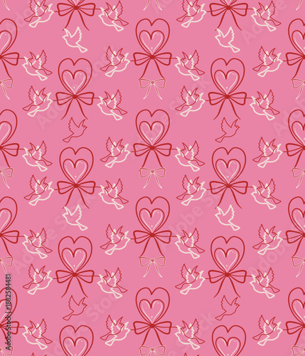 Cute seamless patterns with bow and birds . Coquette aesthetic patterns with ribbons and heart's repeating print for Valentine's Day.
