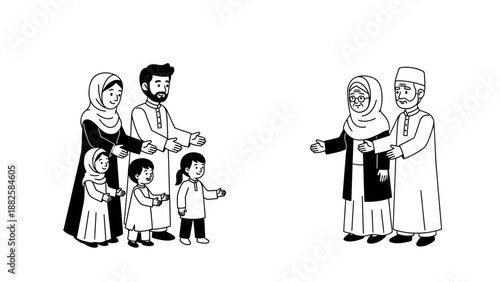 Muslim family with children visiting grandparents during Eid celebration.
