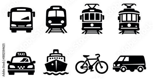 Solid icon transportation set featuring a bus, train, tram, taxi, ship, bicycle, and van for travel and urban mobility