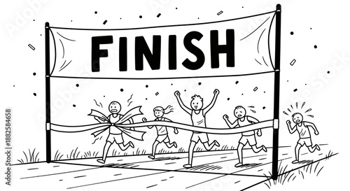 Runners crossing the finish line in a competitive race.