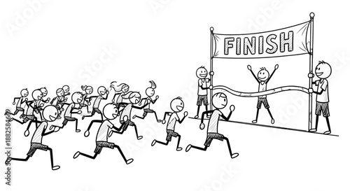 Cartoon illustration of people running towards a finish line.