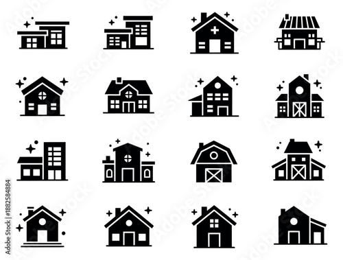Solid glyph house and building icons set featuring diverse residential and commercial properties for real estate and urban development