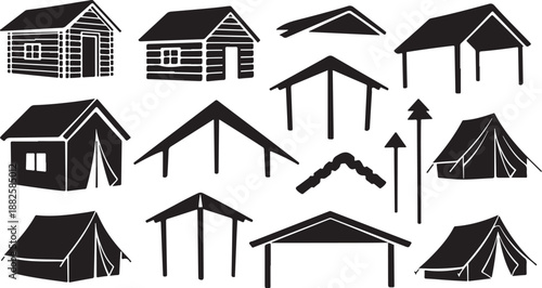 Various Roof Styles and House Designs in Black Icons