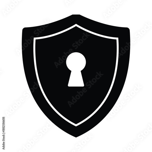 Black shield with white keyhole symbol on white background security protection lock d