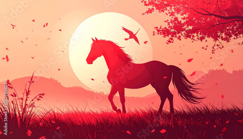 Majestic Horse Galloping Through a Field of Red Flowers Under a Setting Sun with a Bird in Flight