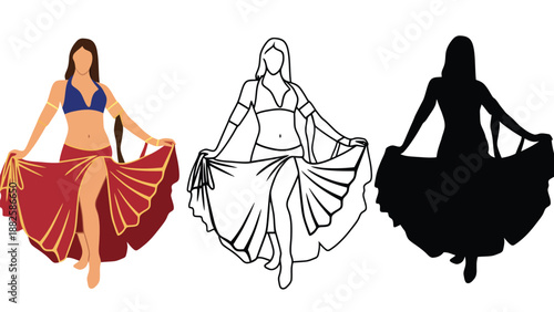 Three belly dancers in different styles and colors dancing dynamically