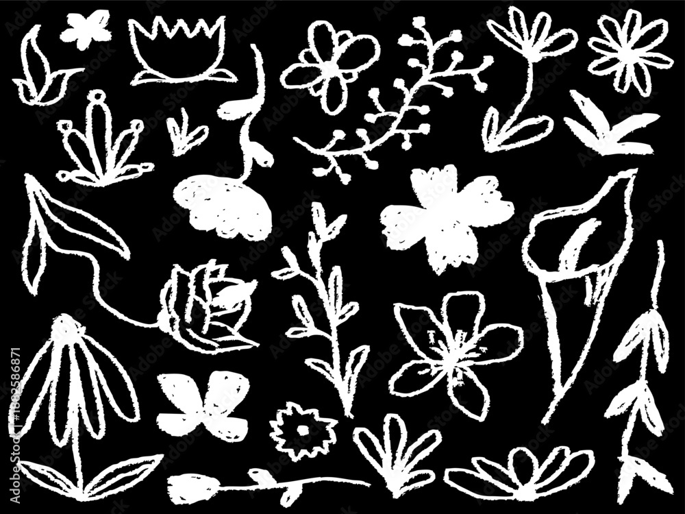Fototapeta premium Sketchy white crayon botanical illustrations and linear foliage set on dark texture