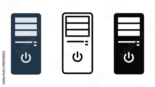 Three computer server icons in different colors on a white background
