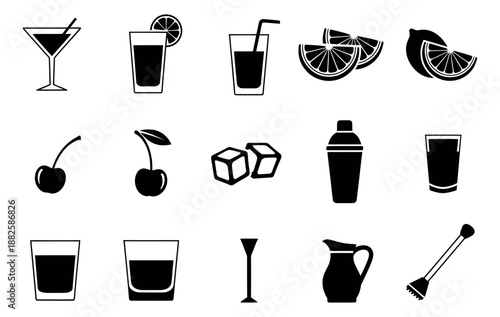 Minimalist graphic cocktail and bar icon set featuring various glasses, fruit garnishes, and mixing tools for mixing drinks